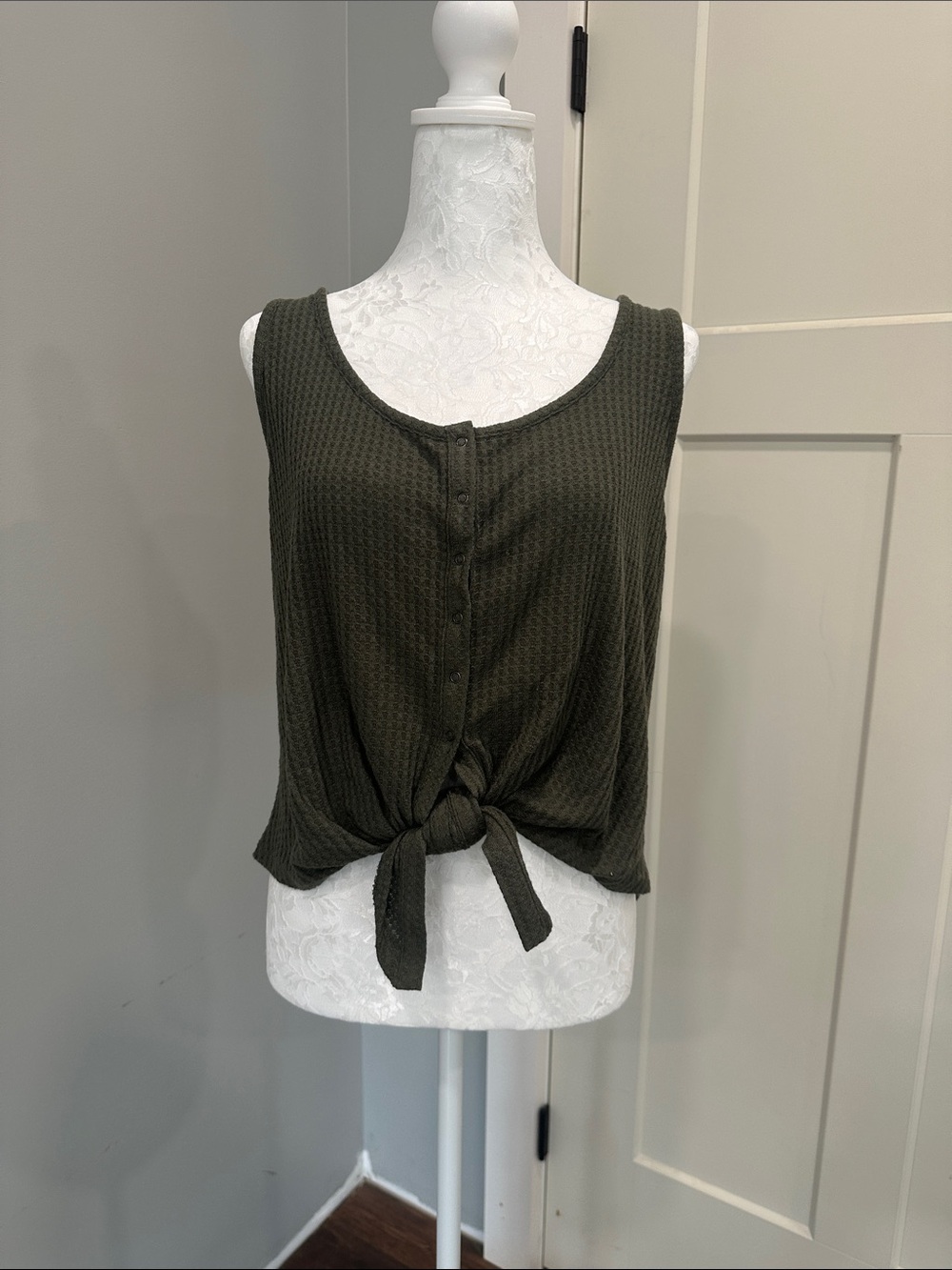 Tie-Front Waffle Knit Tank Top in Olive Green
